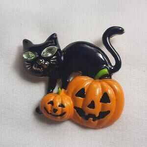 Halloween Black Cat With Pumpkins Brooch